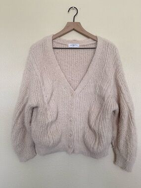 Carly Jean Los Angeles Fuzzy V-Neck Cable Cardigan - Beige